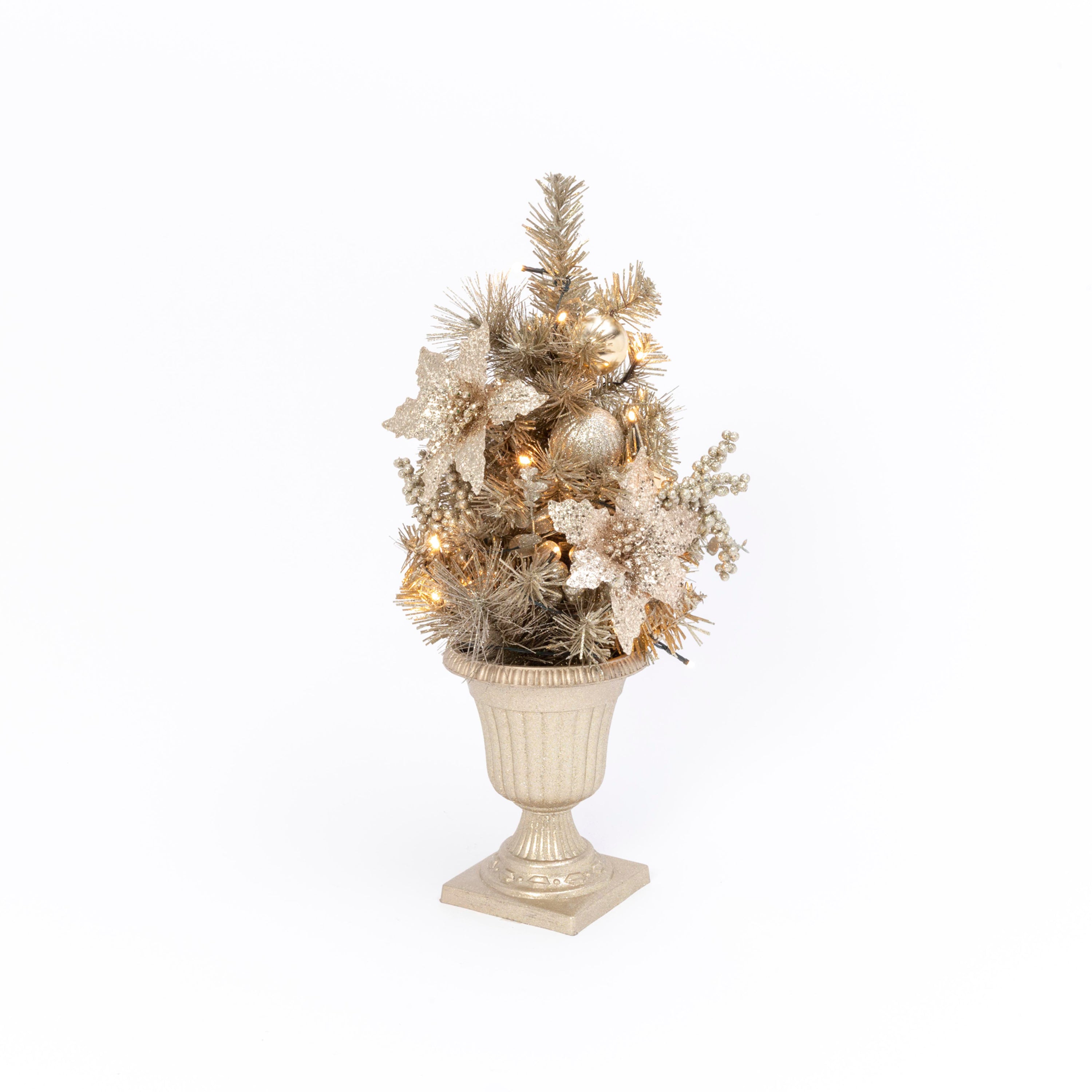 Lighted 24 in H Electric Lighted Holiday Champagne Tree with Poinsettia, Berries and Ornaments